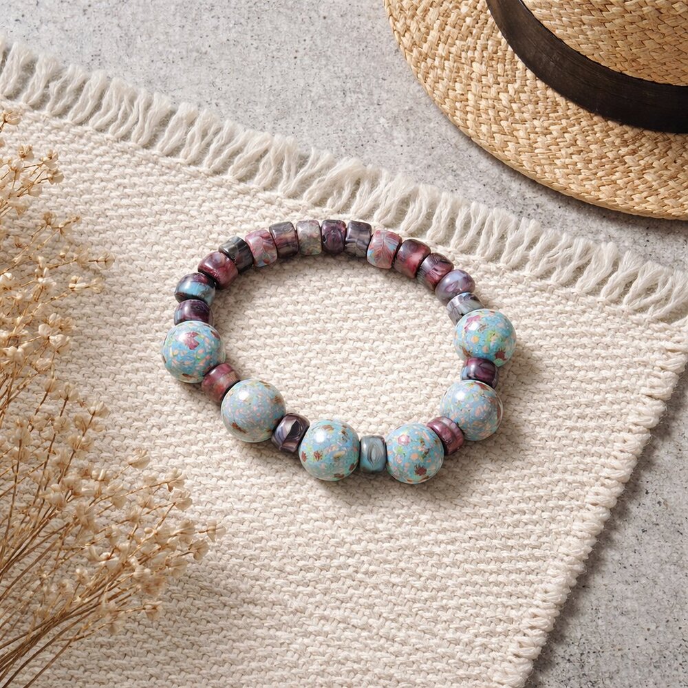 African Opal Jasper Beaded Stretch Bracelet - New - Hand Crafted - Picture 2 of 3